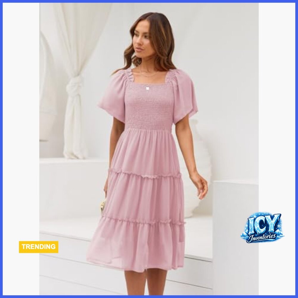 Polyester Flutter Sleeve Square Neck Smocked Midi… - image 3